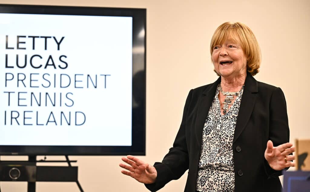 22 October 2024; Tennis Ireland President Letty Lucas speaking during the Irish Blind & Visually Impaired Team celebration event at the Tennis Ireland HQ at the Sport Ireland Campus in Dublin. Photo by Sam Barnes/Sportsfile *** NO REPRODUCTION FEE ***