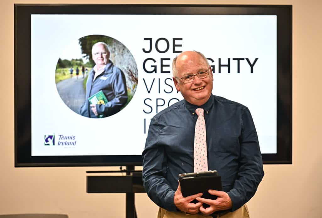 22 October 2024; Vision Sports Ireland founding member and Paralympian Joe Geraghty speaking during the Irish Blind & Visually Impaired Team celebration at the Sport Ireland Campus in Dublin. Photo by Sam Barnes/Sportsfile