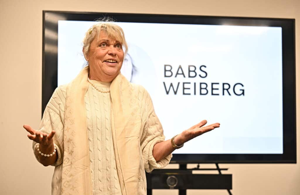 22 October 2024; Ireland Blind & Visually Impaired Tennis team member Babs Weiberg speaking during the Irish Blind & Visually Impaired Team celebration event at the Tennis Ireland HQ at the Sport Ireland Campus in Dublin. Photo by Sam Barnes/Sportsfile *** NO REPRODUCTION FEE ***